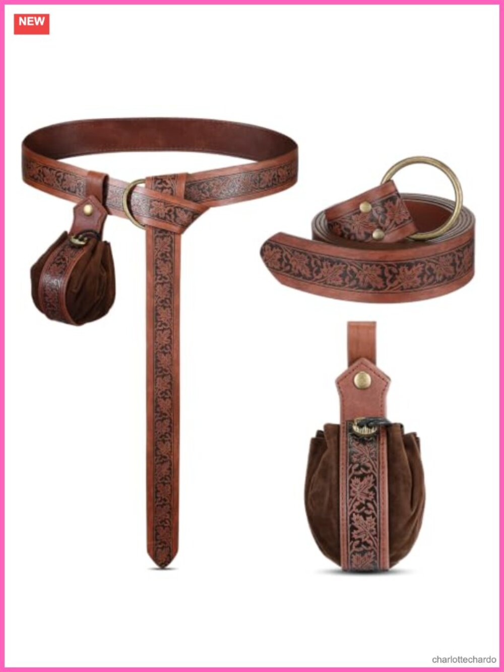Medieval Viking PU Leather Belt & Renaissance Pouch Set Embossed Costume